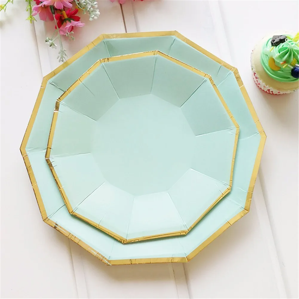 Gold Foil Mint Green Disposable Paper Plates Cups Straws Birthday Wedding Tableware Dessert Plates For Christmas Party Decor