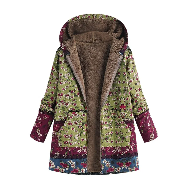 Manteau Femme Hiver, женская зимняя теплая верхняя одежда, с принтом, с капюшоном, с карманами, Ретро стиль, большие размеры, пальто, модное кашемировое пальто, женские куртки - Цвет: Армейский зеленый