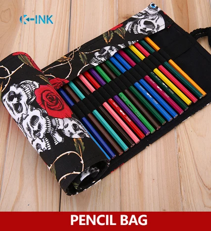 

36/48/72 Holes Dark Skull Head Roll Pencil Bag , Black Rose Flower Roller Pencil Case for School Students