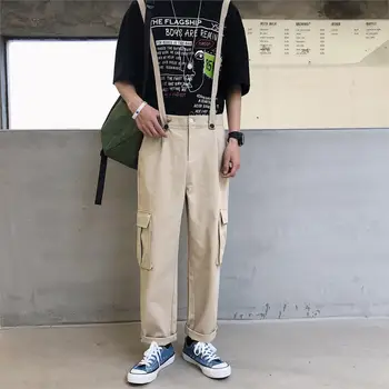 

2019 Overalls Jumpsuits Suspenders Big-Pocket Hip-Hop Loose Black Khaki Army Green Casual Men's