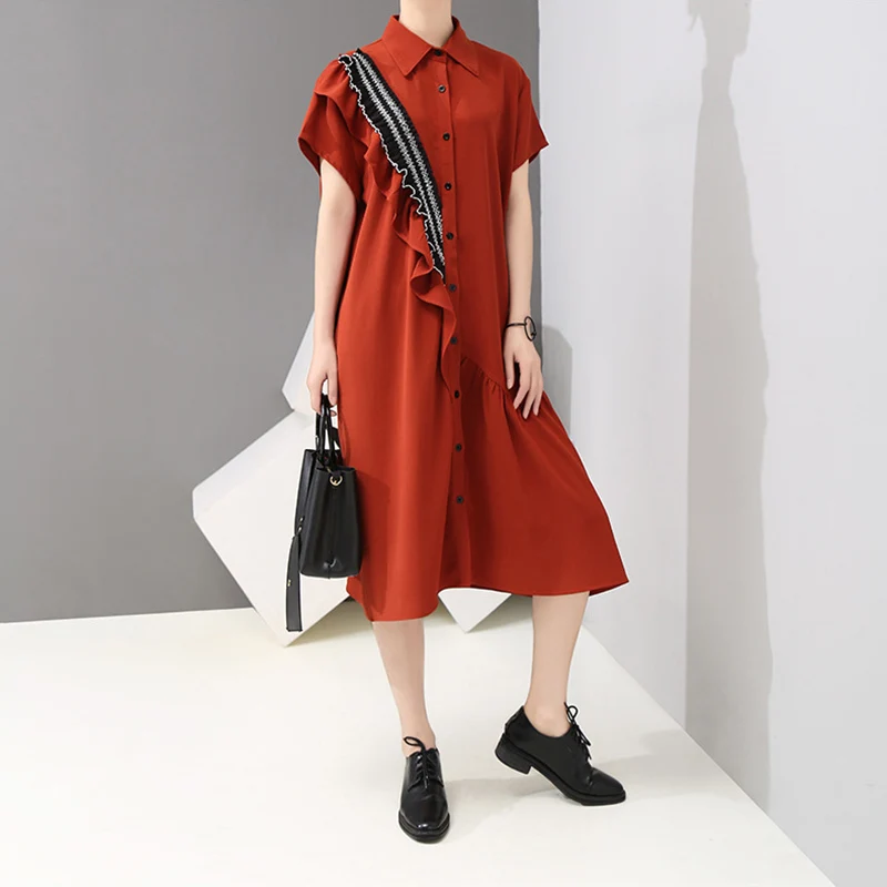 

2019 New Summer Lapel Short Sleeve Dress Red Loose Ruffles Joint Dress Women Fashion Tide