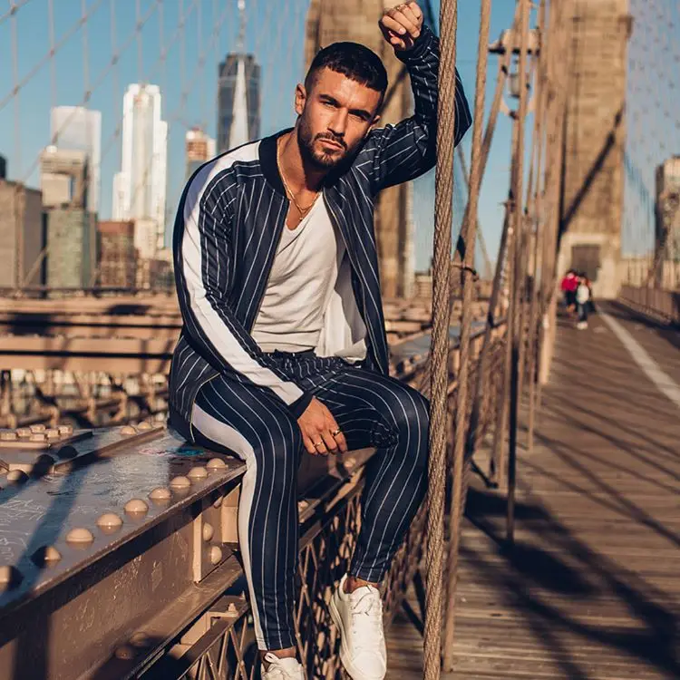 2019 New Men's Spring Striped Tracksuit Set Male Sweatshirt Sweatpants Multi-pocket Fashion Trousers High Street Jackets Sets