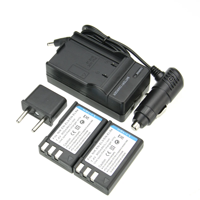  2pcs Battery + Charger 7.4V 900mAh EN-EL9 EN EL9 ENEL9 Rechargeable Camera Battery For Nikon EN-EL9a D40 D40X D60 D3000 D5000 