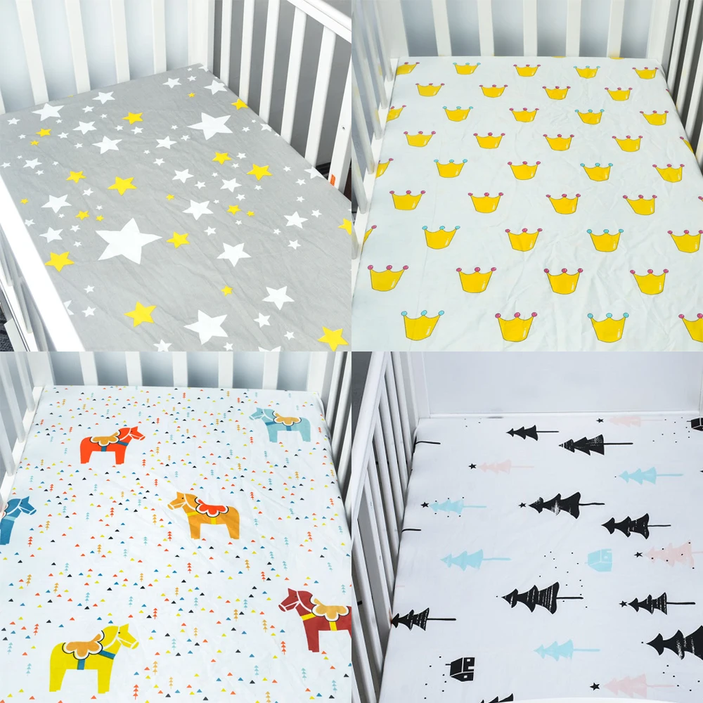 

100% Cotton Bed Linen Crib Fitted Sheet Soft Baby Bed Mattress Cover Cartoon Print Newborn Bedding For Cot Fitted Sheet