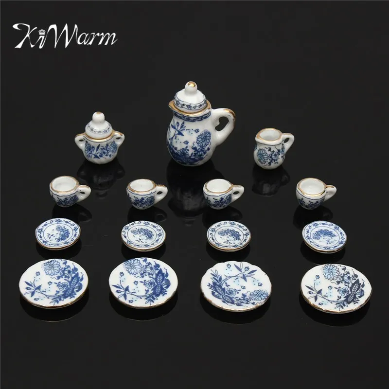 

KiWarm Classic 15PCS 1/12 Dollhouse Miniature Dining Blue Floral Ceramic Tea Set Pot Cup Plate DIY Ornament Best Gift