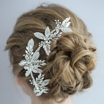 

Stunning Crystal Bridal Headpiece Antique Silver Leaves Wedding Hair Clips Vine Fashion Women Barrettes Brides Hair Jewelry