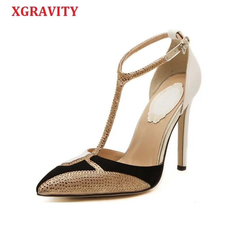 

XGRAVITY 2019 Summer Shoes Retro Crystal Women Pointed Toe High Heel Pumps Sexy Woman Fashion High Heels Thin Heels Sandals A121