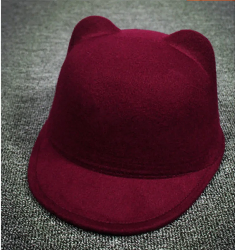 Шерстяная шапка для верховой езды, шапка для девочек, винтажная теплая Солнцезащитная шапка, новинка, Детская волшебная шапка с ушками кота, детские зимние шапки - Цвет: claretred