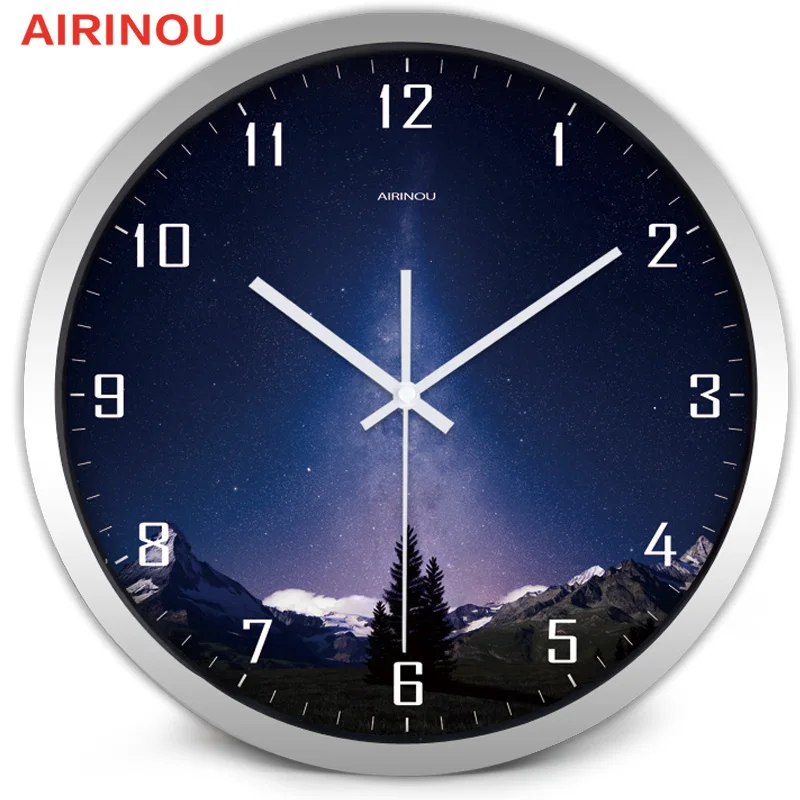 Airinou, стильные настенные часы с изображением голубого ночного неба из металла и стекла для молодых людей, студентов, 3 цвета и 3 размера на выбор