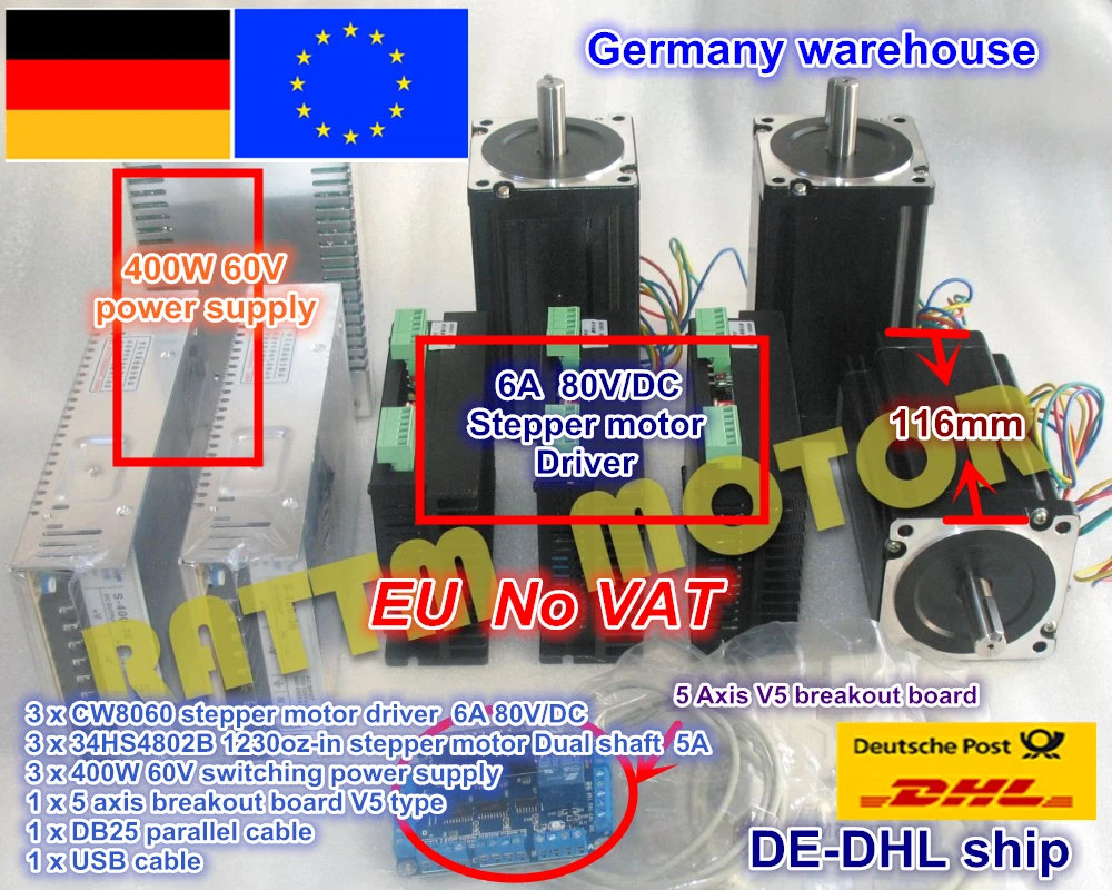

3 Axis CNC controller Kit 3x NEMA34 stepper motor 1230 oz-in 8.5N.m 116mm 5A Dual shaft & Driver 6A 80V & 400W 60V power supply