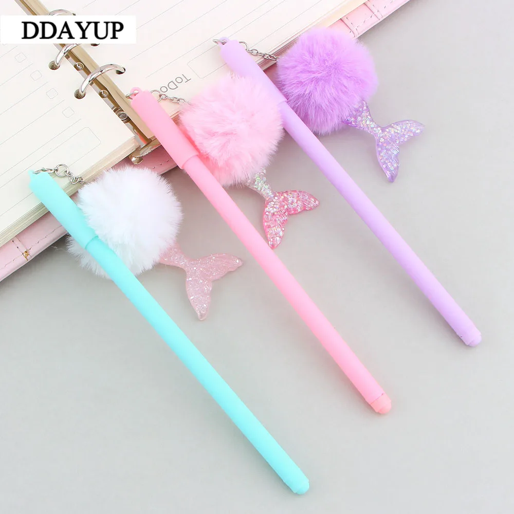 1Pcs Kawaii Cute Mermaid Tail Plush Warm Ball Pendant Black Colored Gel Pens For Writing Stationery Office School Supplies