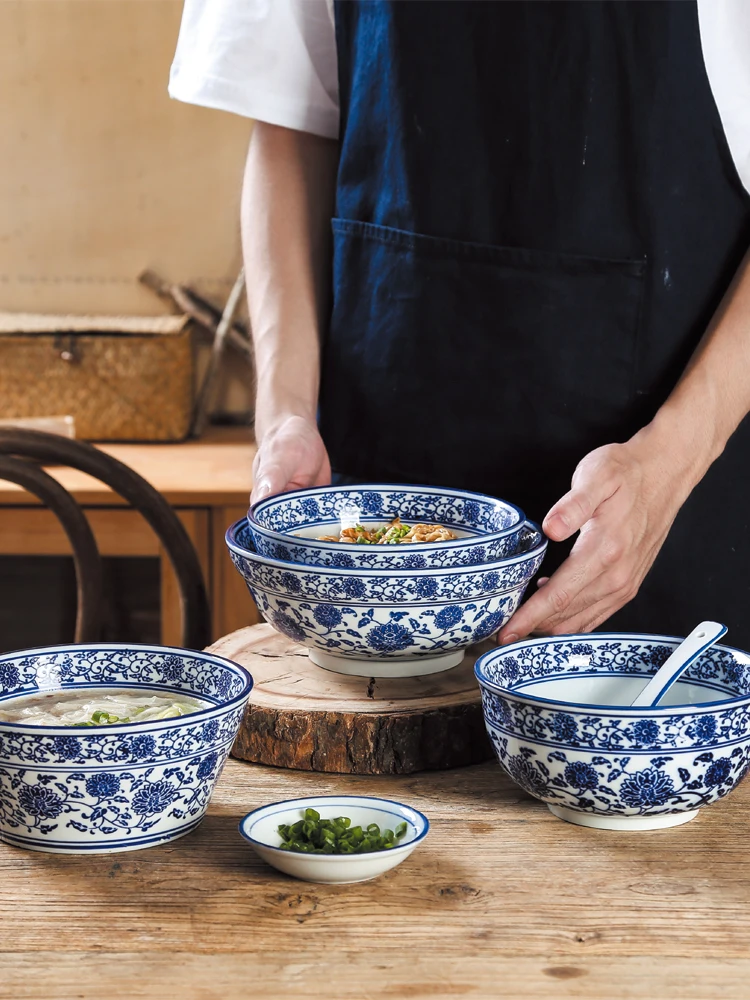 Одежда в китайском стиле; цвет синий и белый Фарфоровая керамика для столовые приборы для ресторана дома чаша лапша быстрого приготовления Лапша Рамен мусульманских говядина супница