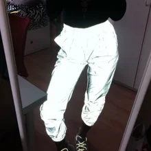 Летние блестящие неоновые Светоотражающие штаны для женщин, модные бегуны, свободные Светоотражающие Брюки размера плюс, корейские повседневные серые спортивные штаны