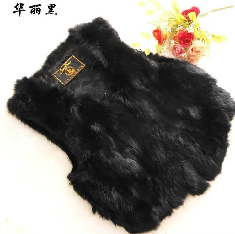 new genuine rabbit fur vest women's short rabbit fur coat winter fur vest Free shipping custom plus size - Color: black
