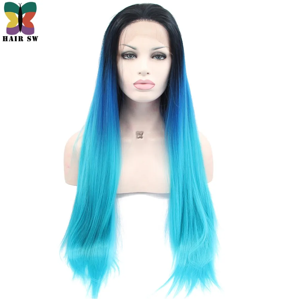 HAIR SW Long Straight Synthetic Lace Front Wig Dark Blue to Light Blue With Black Roots Half