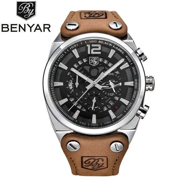 BENYAR хронограф спортивные мужские часы модный бренд военный водонепроницаемый кожаный ремешок кварцевые часы Relogio Masculino - Цвет: silver white B