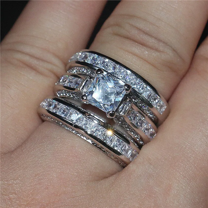 Choucong изделия класса люкс 7*7 мм Принцесса cut 20ct 5a Циркон 3-в-1 925 серебро и 14KT золотое покрытие обручальные кольца палец для Для женщин