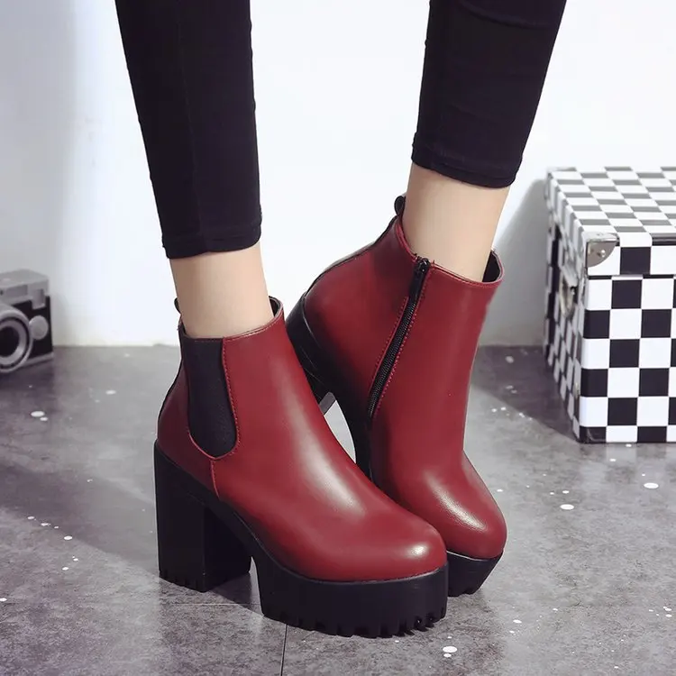 

Women Boots Spring/Autumn Cloth Inside The Shoe 10cm Thick High Heels Round Toe Casual Martin Boots Female Pumps Booties Shoes