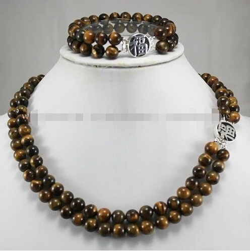 

2Rows 8mm Tiger's Eye Round Beads Silver Clasp necklace earrings Crystal Healing