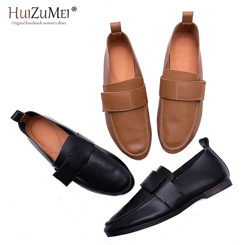 

HUIZUMEI Stylish Christmas Gift Women's Single Shoes 2019 Retro Casual Genuine Leather Low Heels Shallow Shoes Hook-loop