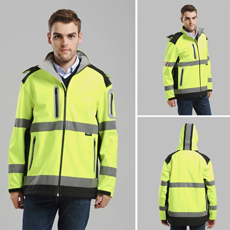 

Men's yellow softshell jacket high visibility Reflective safety workwear