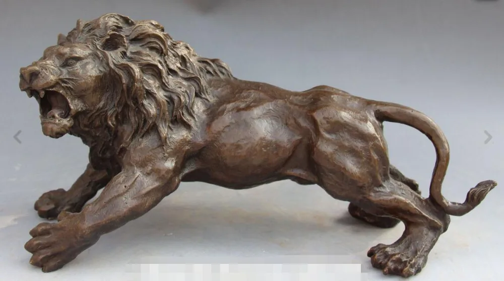

14" Chinese Feng shui Pure Bronze King Of Forest Ferocious Lion Leo Animal Statue