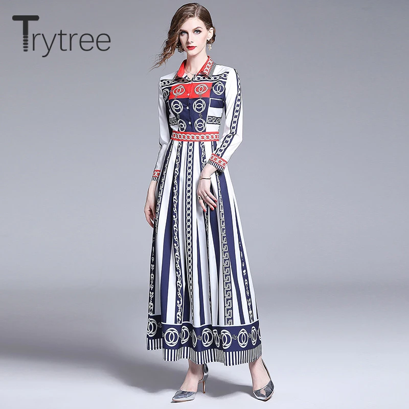 

Trytree Summer Dress Women Casual Print Turn-down Collar Buttons Shirt Dresses Pleated Hem A-line Ankle-Length Office Lady Dress