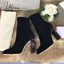 YIFSION New Fashion Genuine Leather Women Ankle Boots Round Toe Slip On Thick High Heel Women Autumn Winter Boots Shoes Woman цена YIFSION New Fashion Genuine Leather Women Ankle Boots Round Toe Slip On Thick High Heel Women Autumn Winter Boots Shoes Woman цены онлайн