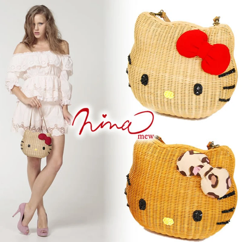Рисунок Hello Kitty Для женщин Соломенных Пляжная сумка девушки мультфильм ткань из