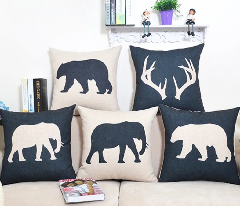 

Nordic Cushion Cover Dear Elephant Bear Animal Throw Pillow Case Linen Black White Decorative Lumbar Pillow Cover Vintage Decor