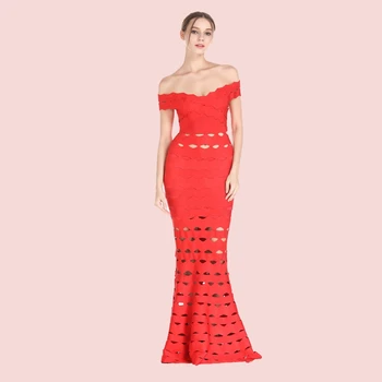 

Newest Arrive Red Elegant Short Sleeve Off The Shoulder Celebrity Bandage Dress 2019 Maxi Jacquard Hollow Out Vestidos Dresses