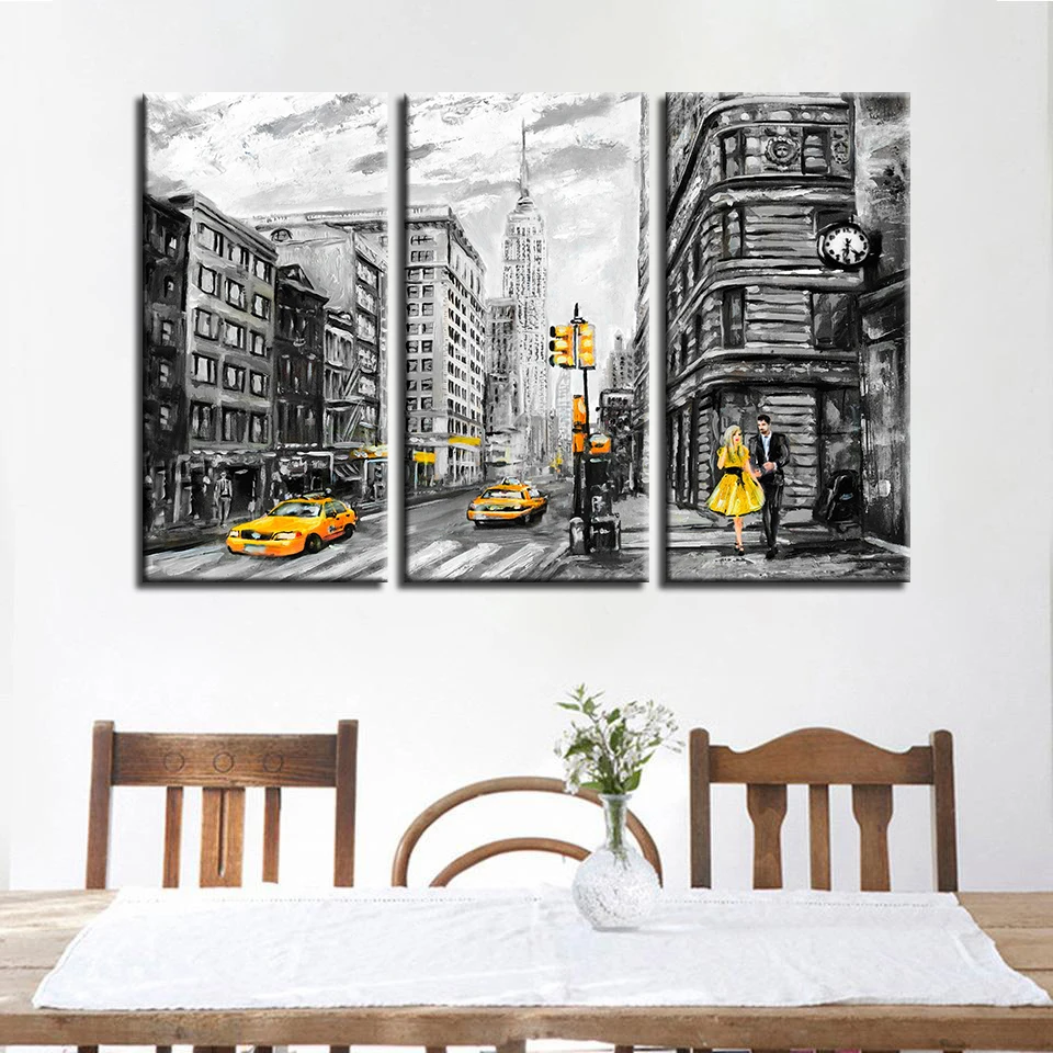 Печать на холсте плакат стены искусство абстрактные картины 3 шт. Нью-Йорк улица желтый такси автомобиль картины Домашний Декор модульная рамка