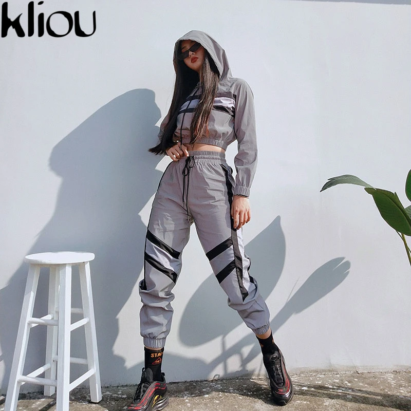 Kliou 2018 new arrival women Reflective two pieces sets Silver pactwork ctop top sweatshirts elastic drawstring pants tracksuits Kliou 2018 new arrival women Reflective two pieces sets Silver pactwork ctop top sweatshirts elastic drawstring pants tracksuits