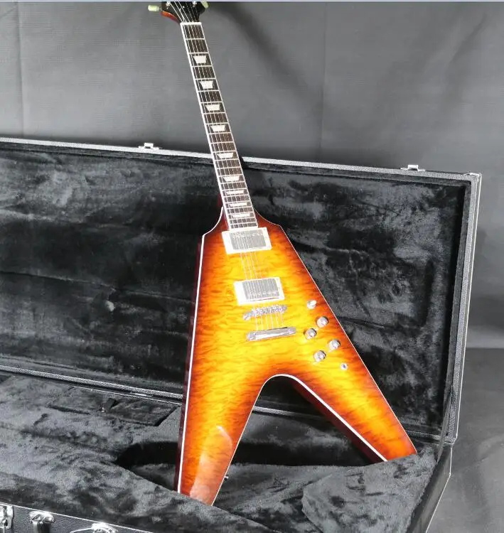 

Custom Shop Flying V Electric Guitar Quilted Maple Top Veneer VS Color Chrome Hardware