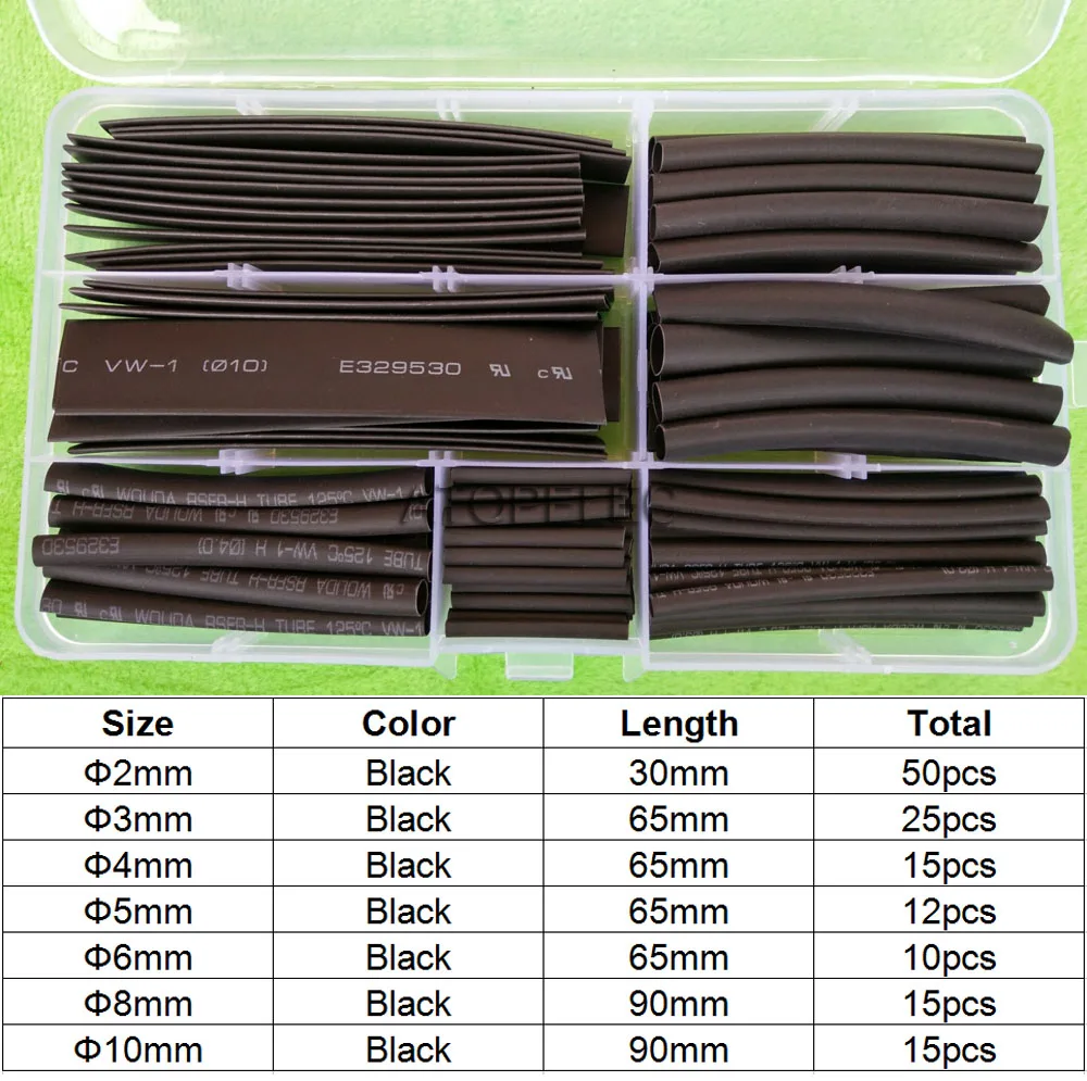 

142pcs/set Polyolefin 2:1 Heat Shrink Tubing Assorted Insulation Shrinkable Cable Sleeve Black Combo Wrap Wires DIY Kits