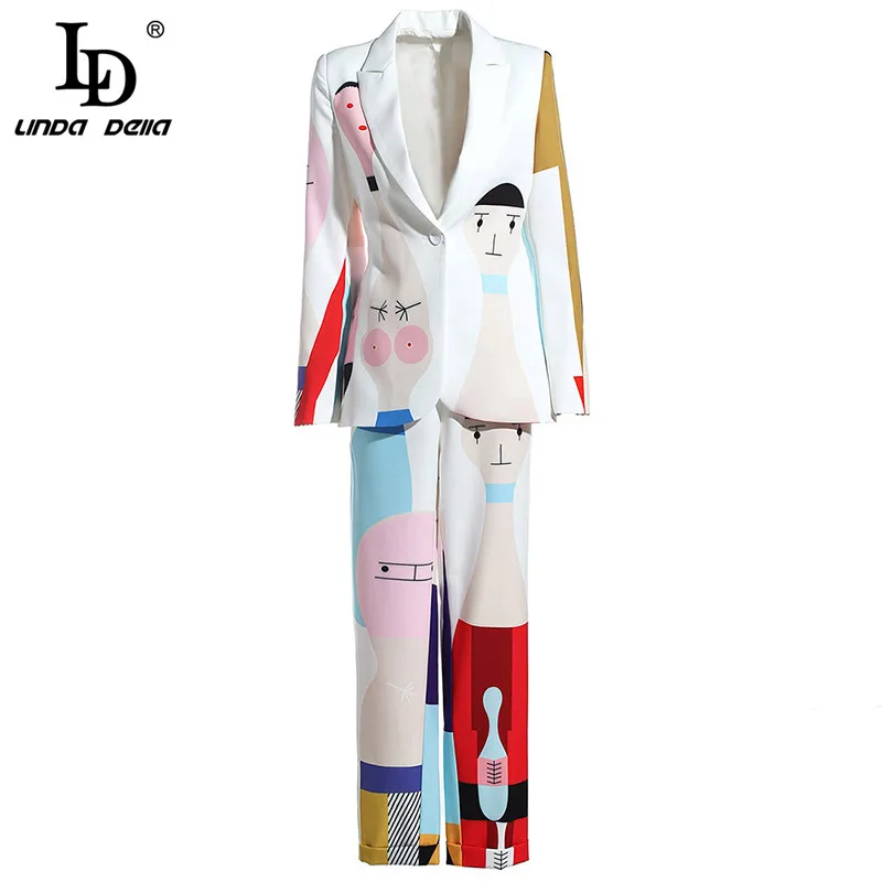 

LD LINDA DELLA Spring Fashion Runway Two Pieces Set Women's Cute Colorful Cartoon Printed Top Casual Pant Set Suit Twinset