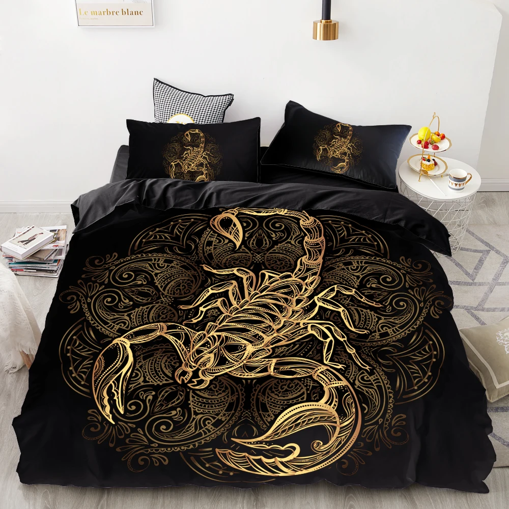 

3D HD Digital Printing Custom Bedding Set,Black Duvet Cover Set Queen Cal King,Bedclothes Golden Scorpion Drop Shipping