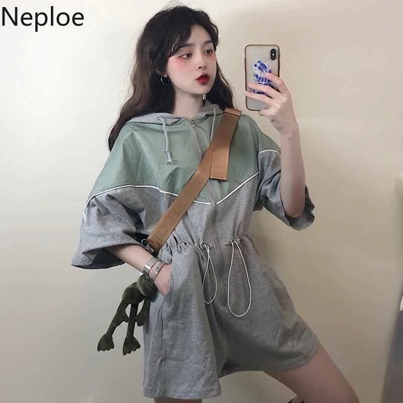 

Neploe High Waist Zipper Hooded Playsuit 2019 Summer Contrast Color Bodysuit Short Sleeve Drawstring Lace Up Lady Jumpsuit 52781