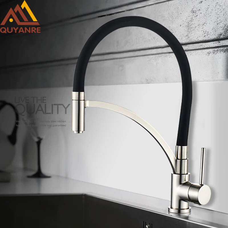 

Quyanre Chrome Nickel Pull Out Kitchen Faucet Black Rubber Single Handle Mixer Tap Pull Out Spray 360 Rotation Kitchen Faucet