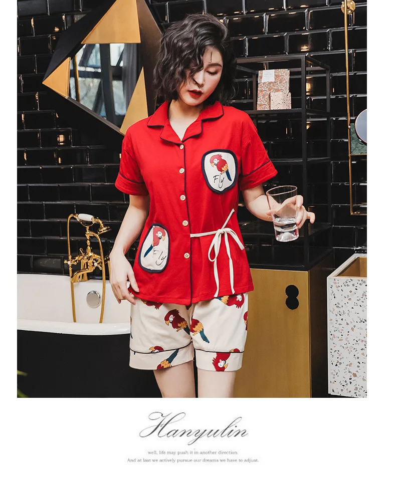 Комплект из модных женских Милая Пижама для отдыха 2019 Летняя мода Личность с короткими рукавами, женская одежда для сна попугай ночная