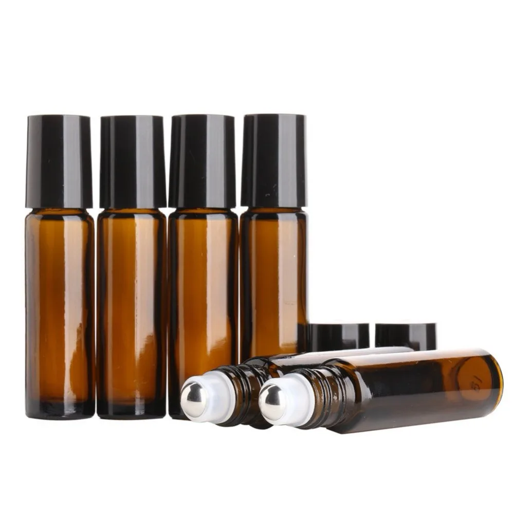 

20pcs/lot empty glass refillable amber roll on 10ml bottles for essential oil roller bottles with black lid