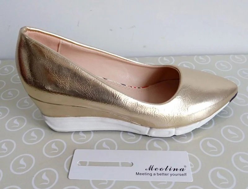 Meotina Туфли модные женские туфли на высокой танкетке и платформе простые женские туфли на танкетке с острым носком цвета серебряный розовый золотой размеры 34–39
