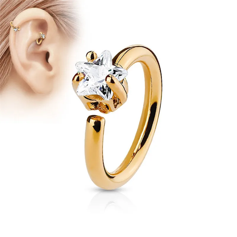 Crystal Star Нос Кольца кольцо без пирсинга ладья Helix губ кольцо уха Нос бровей хрящ Зажимы Серьги-кольца Украшения для тела - Окраска металла: Rose Gold