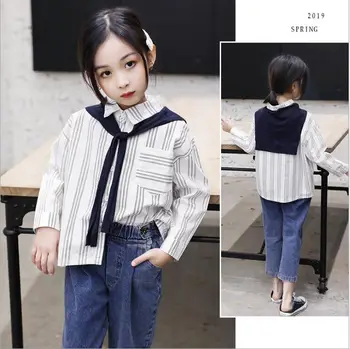 

2019 Korean style girls striped bow shirt fashion spring cotton girls blouse 4-9t B121