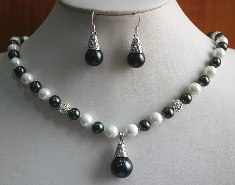 

latest 8mm black and white shell pearl necklace +14mm designed earring and pendant jewelry sets (D)