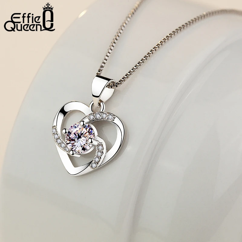 

Effie Queen Wedding Love Necklace with Heart Pendant Clear Blue Zircon for Women Trendy Jewelry Valentine's Day Party Gift DLN07