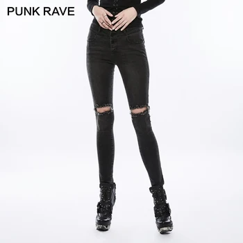 

PUNK RAVE Spring Black Daily Broken Holes Knee Super Slim Brushed Denim Jeans