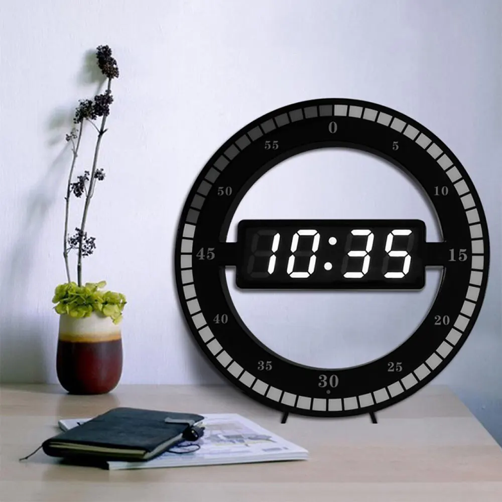 Настольные часы, креативные бесшумные подвесные настенные часы, черный круг, автоматическая регулировка яркости, цифровой светодиодный дисплей