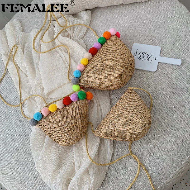 

FEMALEE Mini Straw Bags Women Beach Bag Crossbody Japan Style Cute Handbag Girls Vintage Handmade Pompom Fashion Shoulder Bag