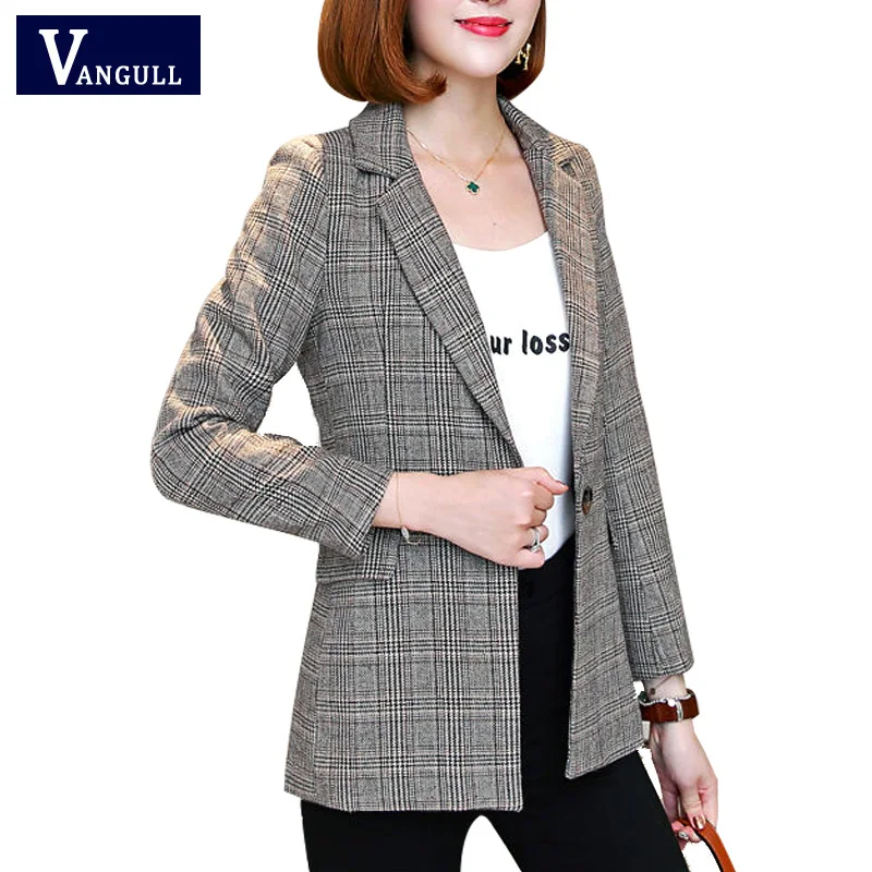 Женский клетчатый блейзер с длинным рукавом и английским воротником|Пиджаки| |